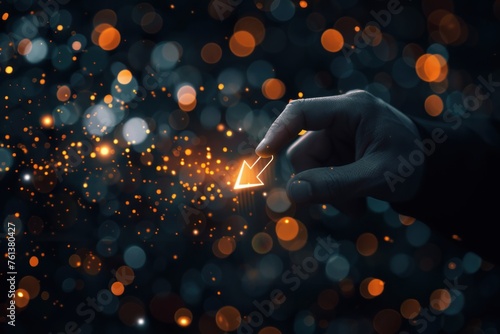 businessman hand pointing at creative glowing upward arrow on blurry black bokeh circles background