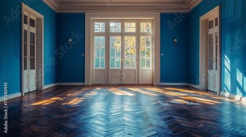 Empty Room With Blue Wall and Wooden Floor
