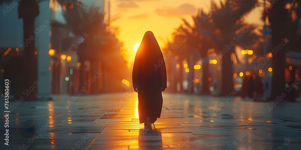 Stylish Arab woman in abaya and hijab walking in Dubai street. Concept Arab Fashion, Dubai Lifestyle, Street Photography, Modest Clothing, Cultural Diversity - obrazy, fototapety, plakaty 