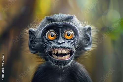 photorealistic portrait of a monkey with a big teeth smile and huge eyes on jungle blured background photo
