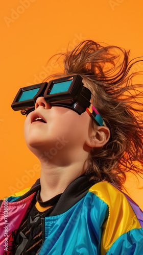 Child in awe with hair flying  wearing sleek futuristic glasses and a colorful jacket against an orange background