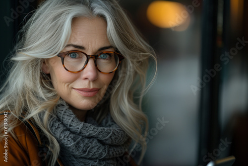 A woman with long hair and glasses is smiling