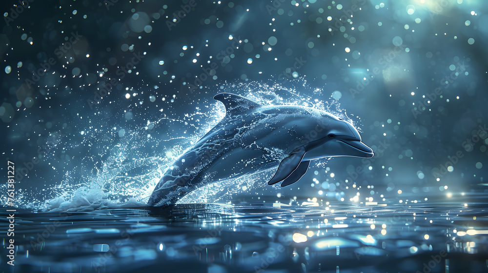 A majestic dolphin leaps gracefully from the ocean depths, its sleek form silhouetted against the backdrop of sparkling waters.