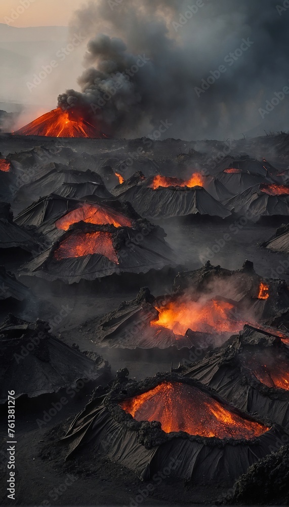 Landscape with destroyed houses after volcanic eruption