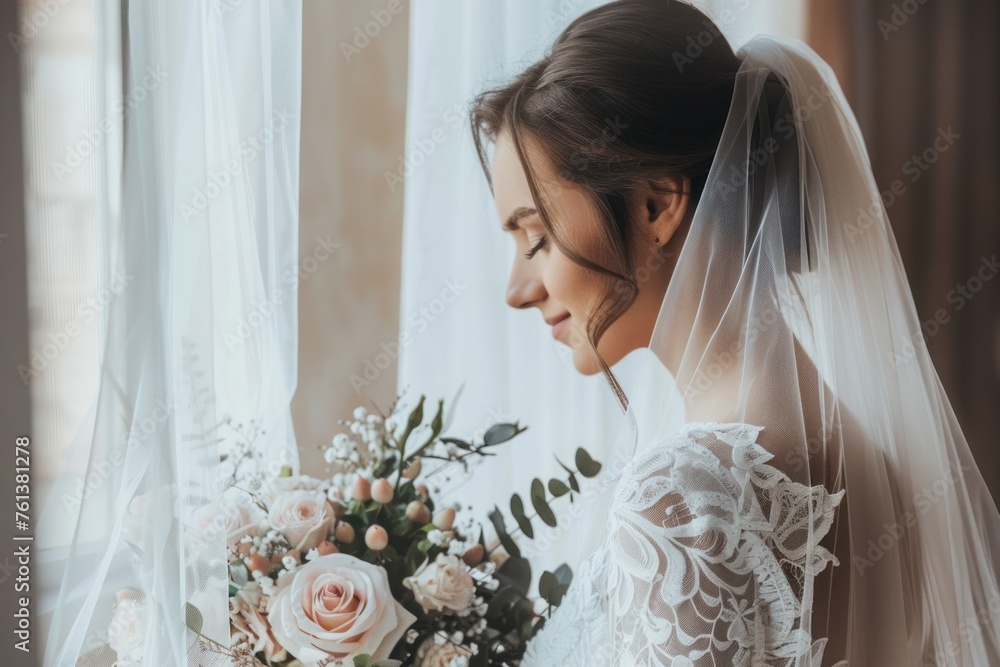 Beautiful bride in a white wedding dress with a bouquet of flowers Beautiful bride in a white wedding dress with a bouquet of flowers
