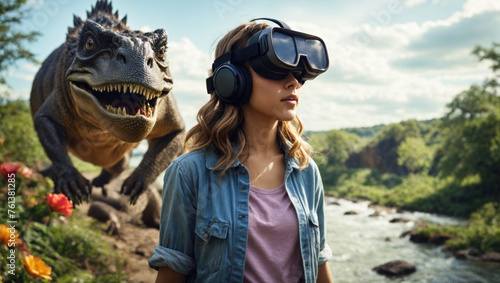 Girl using the virtual reality headset in a prehistoric world around dinosaurs. Game technology concept