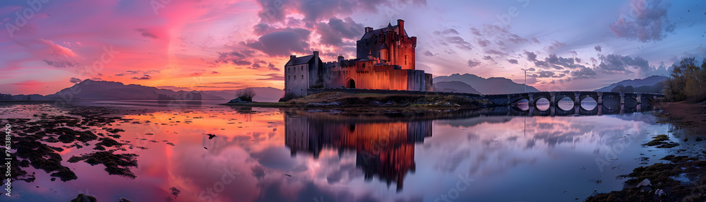 A panoramic view captures a historic castle illuminated by the warm hues of a breathtaking sunset, with reflections dancing across the tranquil lake.
