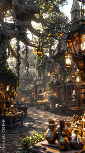 An enchanted village market street comes alive at dusk with glowing lanterns, sprawling ivy, and a magical ambiance amid the ancient trees.
