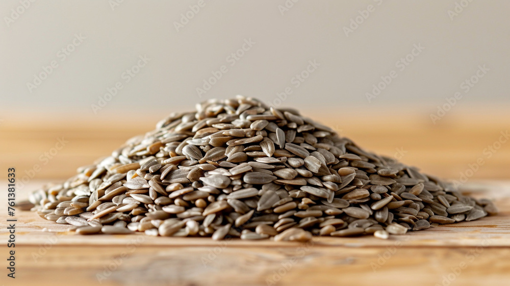 Obraz premium commercial stock flat lay photo of small pile of about five raw white sunflower seeds against light tan background сreated with Generative Ai