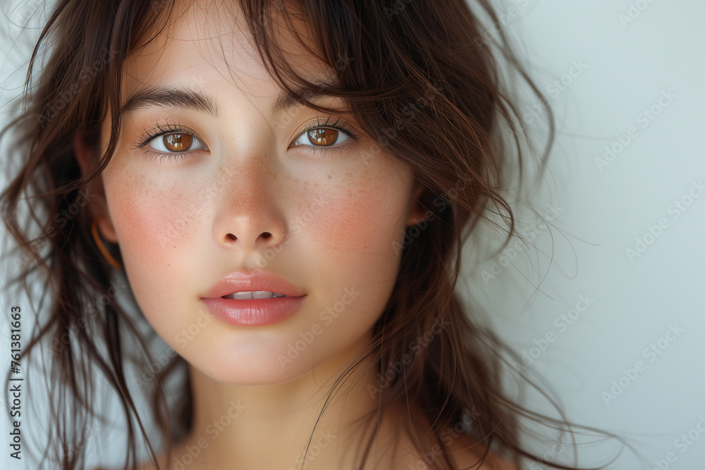 High quality crop photo of skincare and cosmetics A woman with brown hair and brown eyes is wearing makeup High quality crop photo of skincare and cosmetics A woman with brown hair and brown eyes is wearing makeup