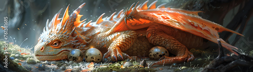 A protective dragon tenderly gazes at its eggs amidst a mystical forest, with glowing orange spikes and a serene expression.