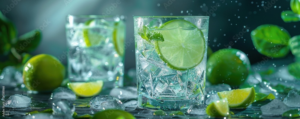 Elegant gin tonic setup with fresh lime slices Elegant gin tonic setup with fresh lime slices