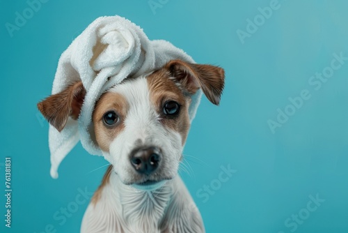 cute dog with a towel rolled on his head after a shower on a blue background photo