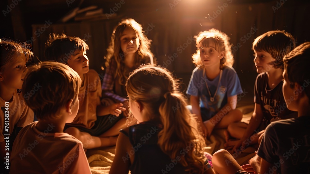 A group of children sitting in a circle, some of them wearing blue shirts