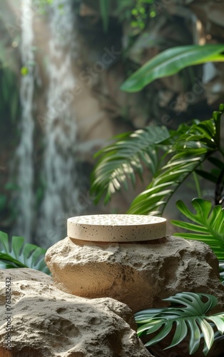 beige round eco podium on the background of rainforest with waterfall, for presentation of cosmetic products, vertical