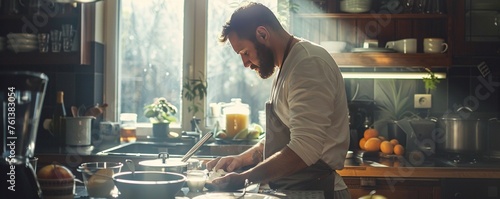 men eating yogurt for healthy breakfast in the kitchen