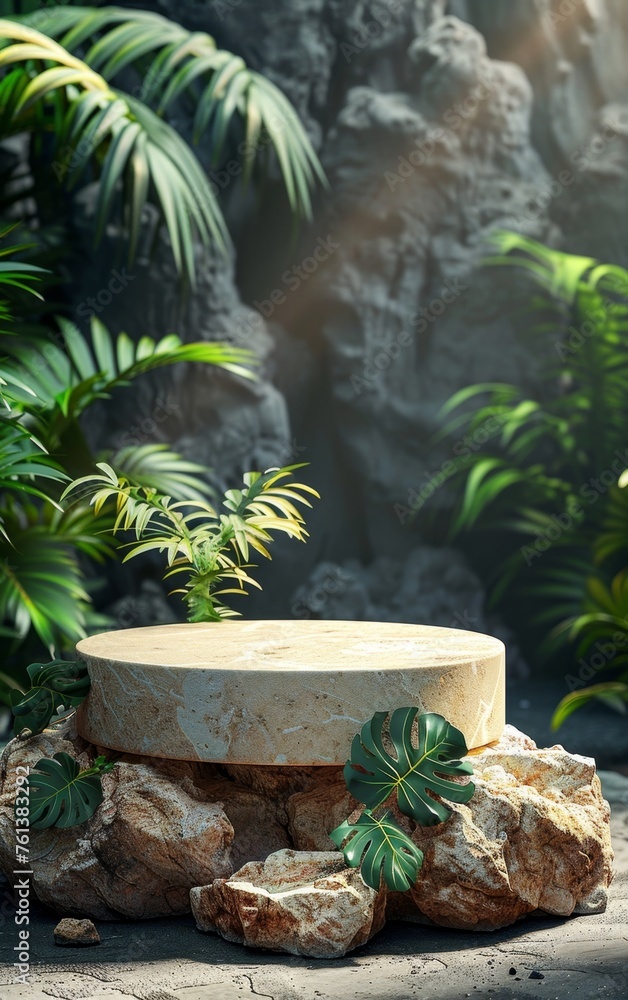 beige round eco podium on stone on rainforest background, for presentation of cosmetic products, vertical, copy space beige round eco podium on stone on rainforest background, for presentation of cosmetic products, vertical, copy space