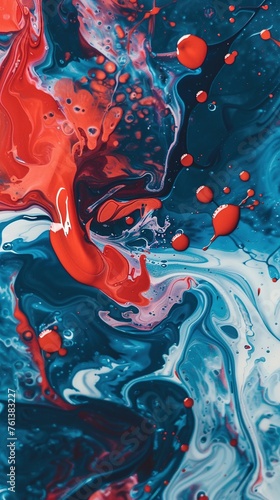 mix of red white blue color paints with blended drops on fluid while forming abstract patterns against blue background