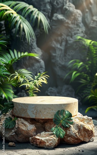beige round eco podium on stone on rainforest background, for presentation of cosmetic products, vertical, copy space