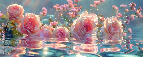 pink flowers over blue pool