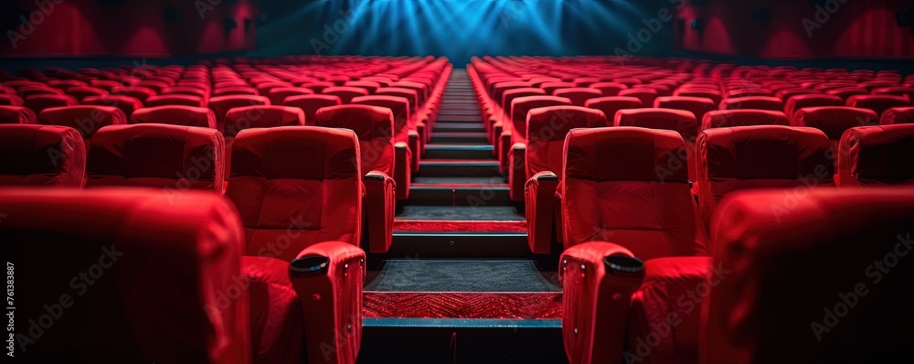 Rows of red empty seats in cinema hall