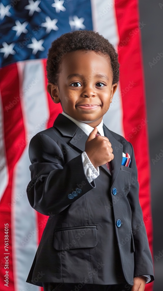 Smart adorable African American boy in a suit and tie thumbing up against American flag USA election concept Smart adorable African American boy in a suit and tie thumbing up against American flag USA election concept