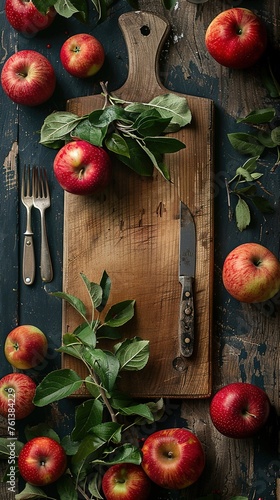 Table setting with red apples  cutting board and cutlery