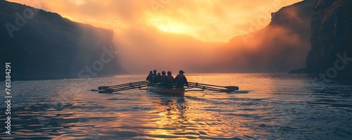 Team rowing boat in bay photo