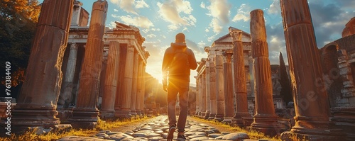 Traveler man in the roman ruins