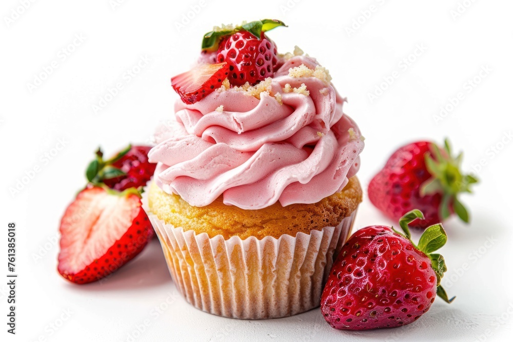 cupcake with strawberry on top isolated on studio white background
