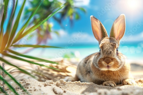 bunny with resting on vacation on a beach with palm trees © Igor