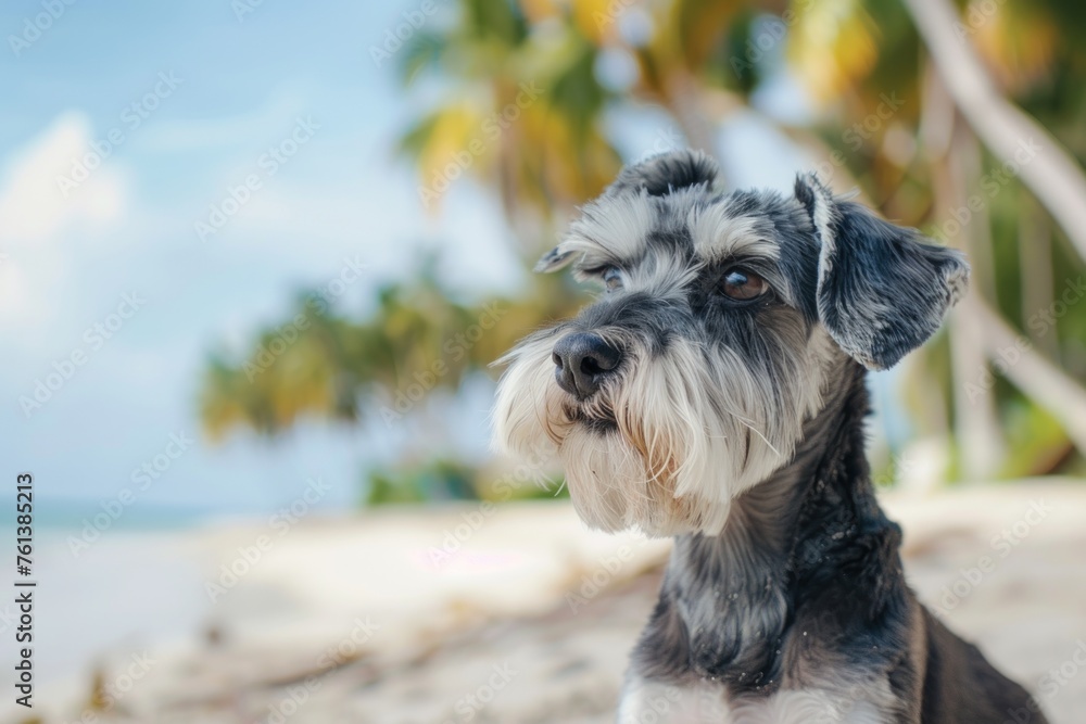 Cute Schnauzer dog with surprised expression resting on vacation on a beach with palm trees