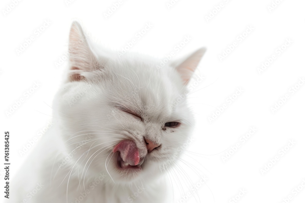 Hungry white kitten cat eating and licking its lips with tongue Isolated on on white background