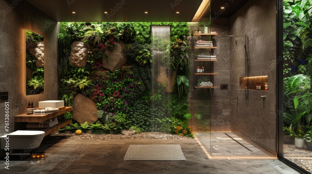 An eco-friendly bathroom design featuring a vertical garden wall, natural stone, and warm lighting. An eco-friendly bathroom design featuring a vertical garden wall, natural stone, and warm lighting.