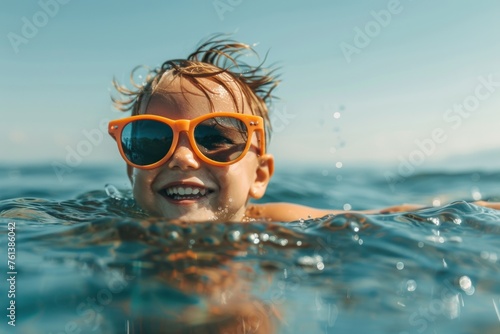 A happy child in sunglasses swims in the sea © Igor