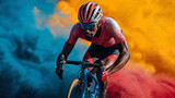 Dynamic cyclist in action against a vivid colorful background representing speed and competition