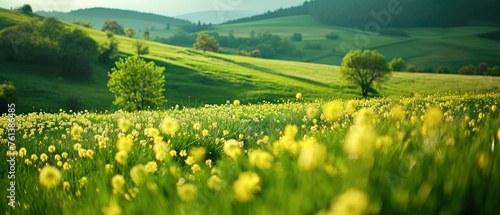 Beautiful spring nature landscape with blooming trees. Meadow, green hills, glade with flowers on sunny day. Generative ai  © Inai
