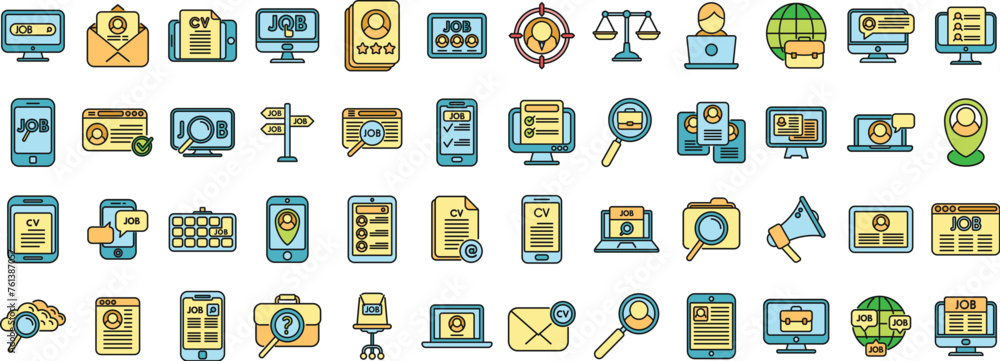 Online job search icon outline vector. Employment outsource. Hire process thin line color flat isolated Online job search icon outline vector. Employment outsource. Hire process thin line color flat isolated