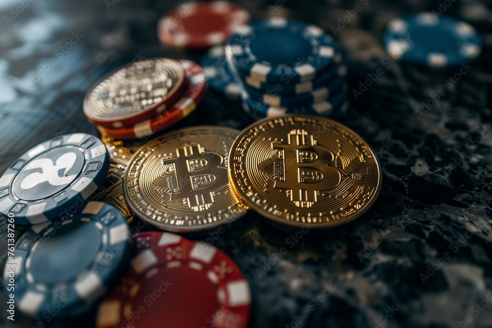 Close-up of Bitcoin coins and poker chips symbolizing online betting. Close-up of Bitcoin coins and poker chips symbolizing online betting.