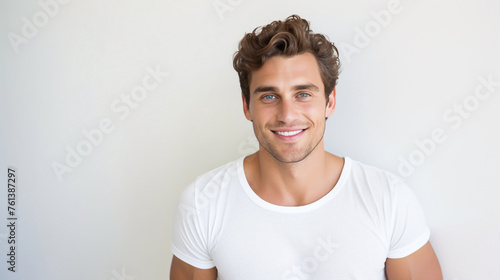 Handsome Man with a Charming Smile Captured Against the Solid White Wall Background.