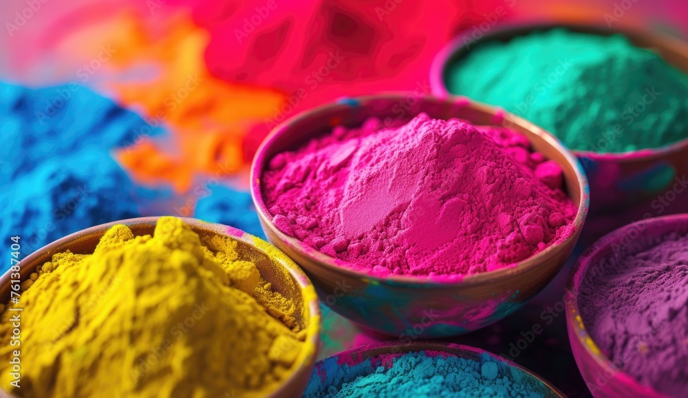 Holi Festival Background with Variety of Color Powder in Bowl Holi Festival Background with Variety of Color Powder in Bowl