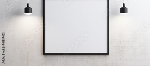 A rectangular picture frame is displayed on a white wall in a room, with two lights hanging from the ceiling. The image is captured in monochrome still life photography