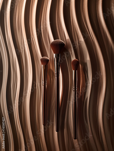 close up of makeup brush commercial product flat lay photography against abstract wavy gold background   reated with Generative Ai