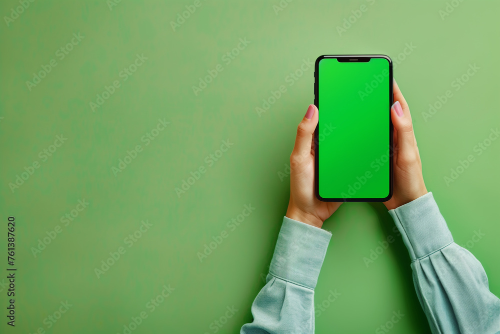 Female hands holding smartphone with blank green screen on green ...
