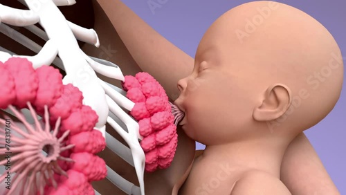 Breastfeeding, Woman feeding a baby, lactation process of producing and releasing milk from the mammary glands in breasts. 