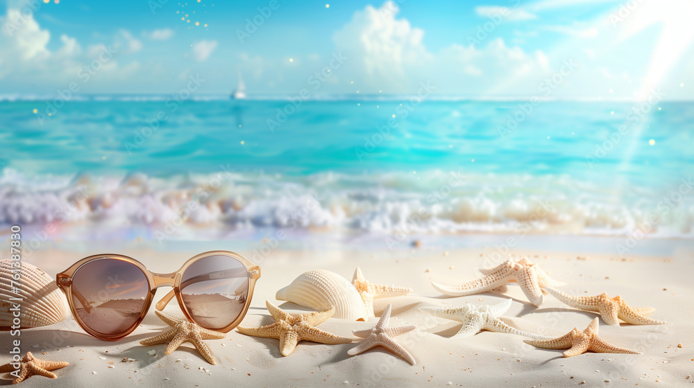Close-up of sunglasses and starfish on sandy beach for summer holiday designs.