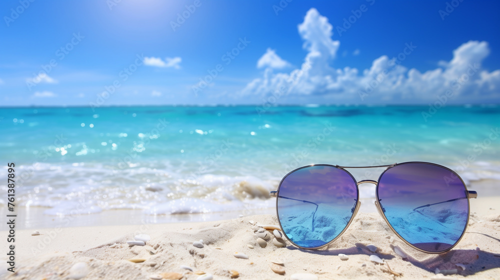 Sunglasses reflecting ocean view on sandy beach, ideal for travel and vacation themes.