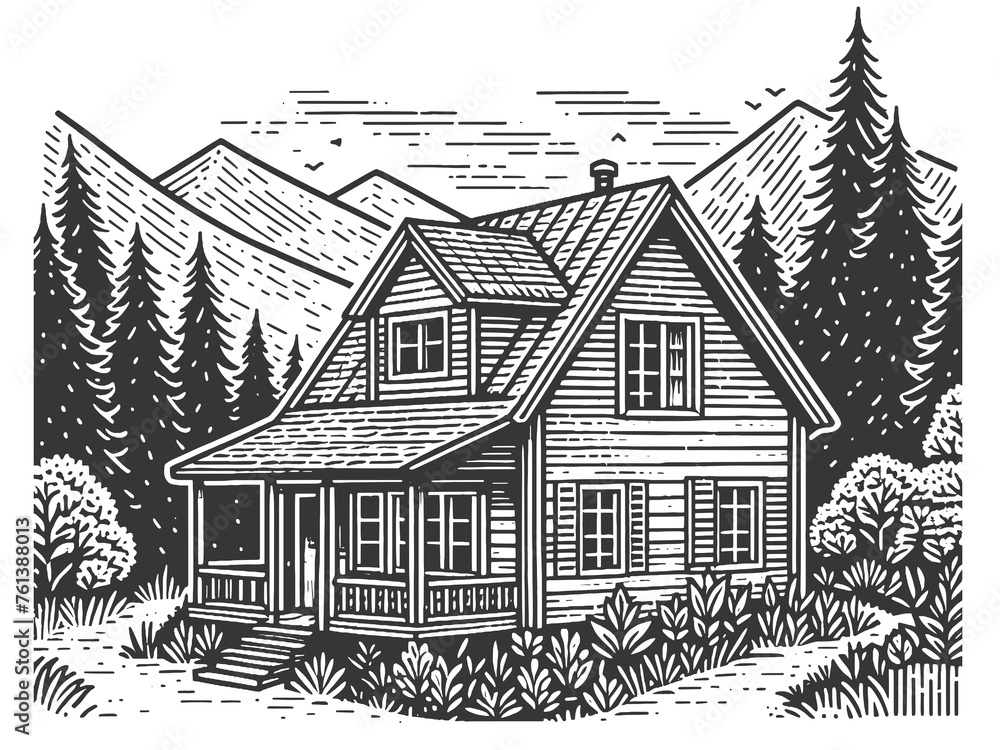 cozy mountain house cabin surrounded by dense pine trees and a mountain backdrop. Sketch engraving generative ai raster illustration. Scratch board imitation. Black and white image.