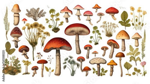 A detailed illustration of various species of mushrooms and plants, perfect for botanical education or artistic inspiration. photo