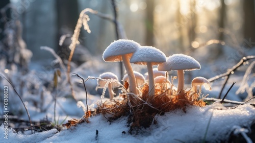 Mushrooms covered with frost in a wintry forest scene, suitable for themes of seasonal change or nature's resilience.